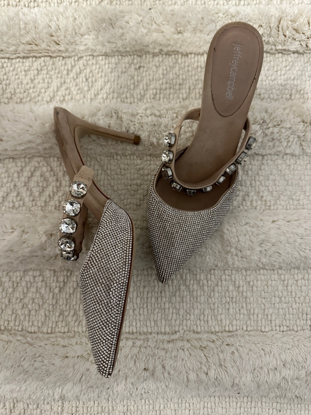 Jeffrey Campbell Crystal-Strap Pointed Mules in Nude